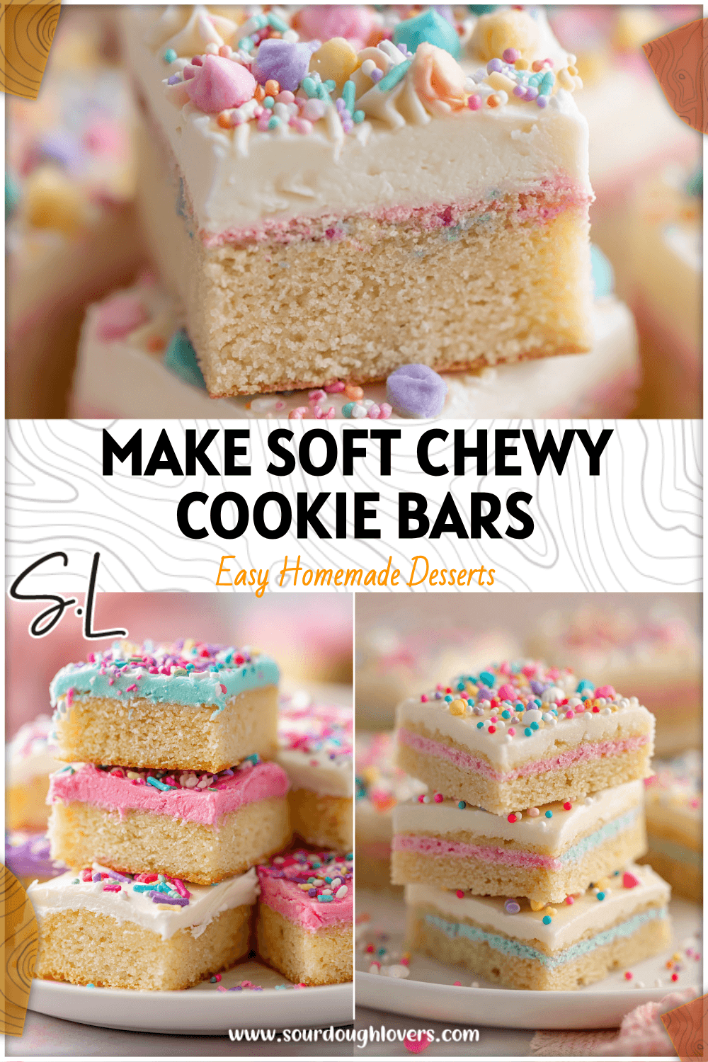 Soft and chewy frosted sugar cookie bars stacked on a plate with colorful icing layers. 26
